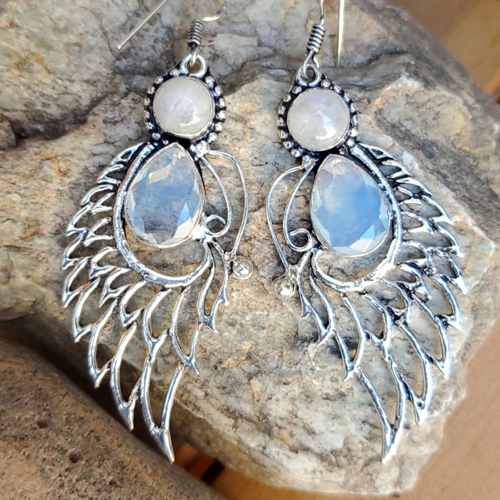 New Opal Opalite & Rainbow Moonstone 925 Silver Wings Earrings.